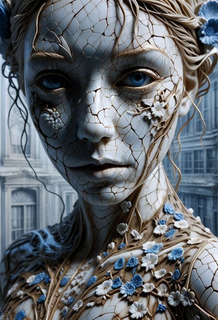Close-up porcelain face, mysterious silhouette of a porcelain woman in worn down porcelain clothing, white and blue porcelain, alluring goddess, by Minjae Lee, Carne Griffiths, Emily Kell, Steve McCurry, Geoffroy Thoorens, Aaron Horkey, Jordan Grimmer, Greg Rutkowski, amazing depth, double exposure, surreal, geometric patterns, intricately detailed, bokeh,  perfect balanced, deep fine borders, artistic photorealism , smooth,  great masterwork by Suiras  <lora:add-detail-xl:2>  <lora:Double_Exposure:0.5>
