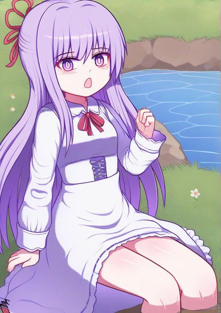 1girl,dress, flower, grass, long hair, long sleeves, open mouth, purple eyes, purple hair, red ribbon, ribbon, sitting, solo, water<lora:Plu5339:1>