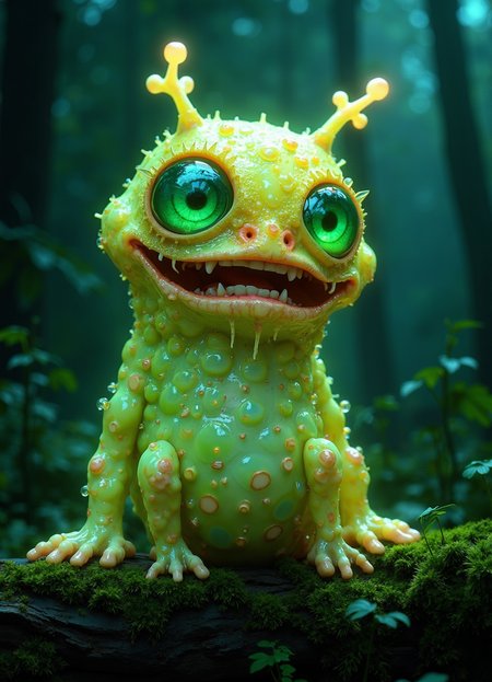 Hyper-realistic surrealist creature, half-gelatinous slime, half-bioluminescent forest dweller. Enormous, glistening eyes with vivid green irises, bulging comically from a amorphous body. Translucent lime-green flesh riddled with iridescent bubbles and droplets, catching and refracting light. Wide, exaggerated mouth revealing tiny sharp teeth and a glistening tongue. Body transitions from sticky, viscous texture to a soft, fur-like coating of fine, glowing tendrils. Dotted with an array of bioluminescent spots in pastel hues - teals, pinks, and soft yellows. Twin antenna-like protrusions topped with softly glowing orbs. Stubby arms and legs with webbed digits. Perched atop a moss-covered log in a misty, ethereal night forest. Background fades into a hazy, dark green woodland scene illuminated by hints of otherworldly light. Hyper-detailed textures - each bubble, droplet, and glowing spot rendered with photorealistic precision. Lighting that seems to emanate from within the creature itself, casting an eerie glow on its surroundings. 8K resolution, cinematic lighting, depth of field.