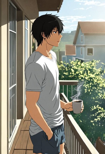 high resolution, solo, best quality, 1Boy, Kanie Seiya, Black Hair, home balcony, morning, cigarette, coffee, t-shirt, shorts, looking away, OverallDetail