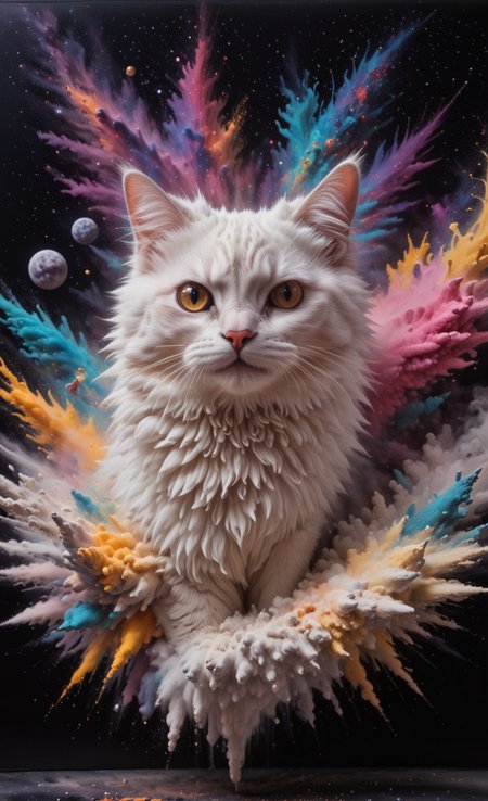 a white cute fluffy cat, Milky Way, (3D Framed, Cat), with mind blowing depth and foreground clarity, abstract details, distinctive visuals, Intricate and Exquisite Definition, Painstaking Attention To Details (Very Intricate), (UHD), <lora:3D_Framed_Wall_Art_-_By_DICE:1>, (3D Framed, Cat), (Unreal Details), (Exquisite intricacies)  <lora:Colorful_Powder_Explosion_-_By_DICE:1>, Colorful Powder Explosion, <lora:Milky-Way_Sky_-_By_DICE_For_Cosmogonaut:1>, Milky way,