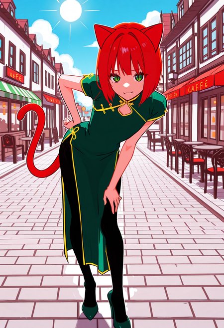 lineart, pencil art,
solo, 1boy, trap, flat chest, skinny, (red cat tail), (red cat ears), bob hair, red hair, green eyes, slit pupils,
cafe, street, sun,cloud, crowded, smug, provoactive, hand on hip,
qipao, green dress, short sleeves, long dress, high heels, pantyhose, jyojifuku, china dress,
standing, front view, looking at viewer, leaning forward,
<lora:hamafuguIL-style:1.2>,hamafugustyle,
