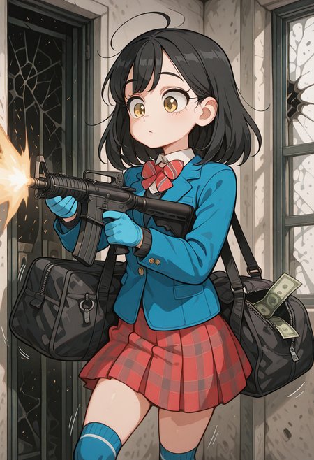 masterpiece, best quality, amazing quality, very aesthetic, absurdres, diives, masterpiece, 8K, depth of field, focused subject, best quality,newest, absurdes,  (correct anatomy:1.5)
1girl, solo, ishimori, black hair, medium hair, ahoge, yellow eyes, white shirt, collared shirt, red bowtie, striped bowtie, blue jacket, black sweater, long sleeves, pleated skirt, plaid skirt, blue kneehighs
firing ar-15, money duffle bag, blue gloves, 
broken window, white, background, shadows, motion lines
 <lora:add-detail-xl:1>  <lora:spo_sdxl_10ep_4k-data_lora_webui:1> <lora:StS_PonyXL_Detail_Slider_v1.4_iteration_3:3.40> <lora:diives-IL-boosted:0.90> <lora:MoriiMee_Gothic_Niji_Style_Illustrious_r1:0.50> <lora:illustriousXL_stabilizer_v1.23:0.30> <lora:ishimori_uka_meipaws_1:1> <lora:firing_ar-15_money_duffle_bag_blue_gloves:1>