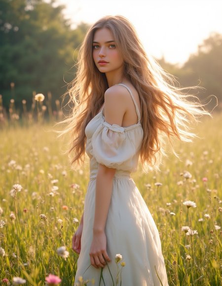 Beautiful young woman with flowing golden hair, ethereal white dress, standing in a sunlit meadow of wildflowers, soft afternoon light, dreamy atmosphere, inspired by Pre-Raphaelite paintings, Art Nouveau style, and works of John William Waterhouse, delicate facial features, serene expression, photorealistic details, high-quality digital art, vibrant colors, cinematic composition. mythp0rt, aidmaMJ6.1, ne0nfant4sy, 1girl, perfectly flat chest, tiny perky tits