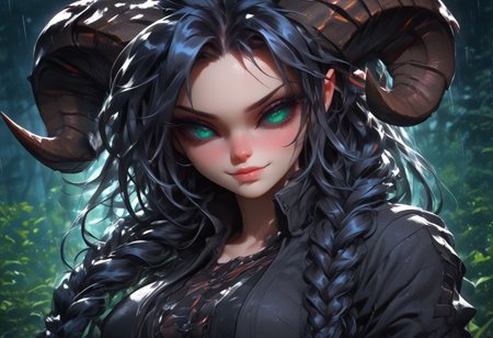 female, cel-shading, backlit, big eyes, cute eyes, delicate features, long hair, (braided hair), black hair, portrait, smug, seductive eyes,   techwear, cyborg, cybernoir, heavy rain, rainrops, (((dark))), sexy, sensual glare, teal eyes, black sclera,  big chest, solo, extreme closeup, h0rns, ram horns,