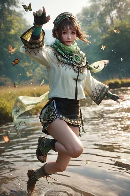 score_9, score_8_up, score_7_up, source_anime, Jumping, mimicking catching a butterfly, <lora:Bao_Sanniang_Dynasty_Warriors:0.7> girl, solo, brown hair, brown eyes, fingerless gloves,   skirt,  jewelry, scarf, green nails, looking at viewer