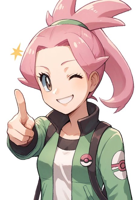 (source_anime, score_9, score_8_up, score_7_up:1), pokemon, 1girl, solo, pink hair, ponytail, pointing at viewer, looking at viewer, smile, winking, jacket, cute, simple background, white background