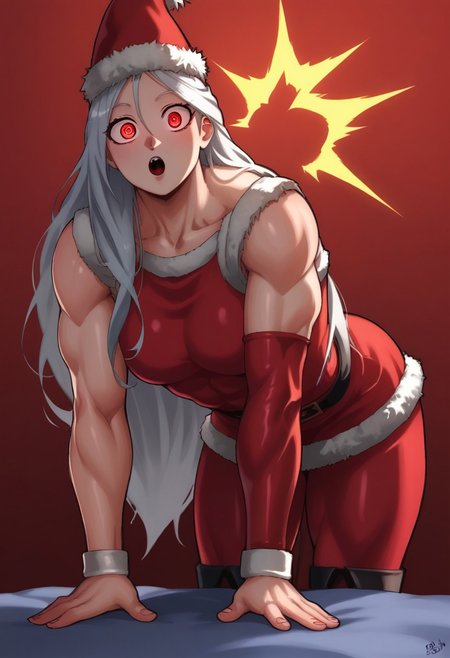 score_9, score_8_up, score_7_up, source_anime, drhdr_style, 1girl, santa, solo, detailed eyes, cute, red eyes, santa hat, white hair, muscular, muscles, long hair, leaning in, bent over, looking at viewer, surprised