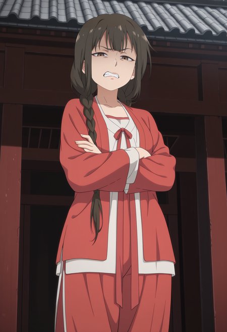 1girl,solo,mm,mature female,long hair,brown hair,brown eyes,bangs,braid,twin braids,anime coloring,
chinese clothes,hanfu,red jacket,red pants,looking at viewer, disgust, teeth,outdoors,crossed arms, 
,masterpiece,best quality,amazing quality,<lora:Taoyao-Fairies_Album:0.8>