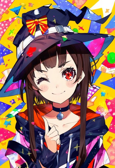 masterpiece (quality), best quality, (mika pikazo), (mika pikazo style), 
1girl, solo, hat, witch hat, brown hair, short hair with long locks, red eyes, blush, black choker, collarbone,
one eye closed, ;),