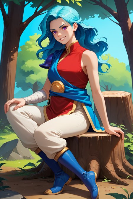 score_9, score_8_up, score_7_up, score_6_up, source_anime, 1girl, solo,  <lora:valere-pdxl-nvwls-v1-000005:1> valere, aqua hair, wavy hair, long hair, purple eyes,  blue cape, blue sash, single shoulder pad, red shirt, sleeveless, bandaged arm, white pants, sitting, blue boots, tree stump, forest, from side, blue sky, grin, looking at you, full body