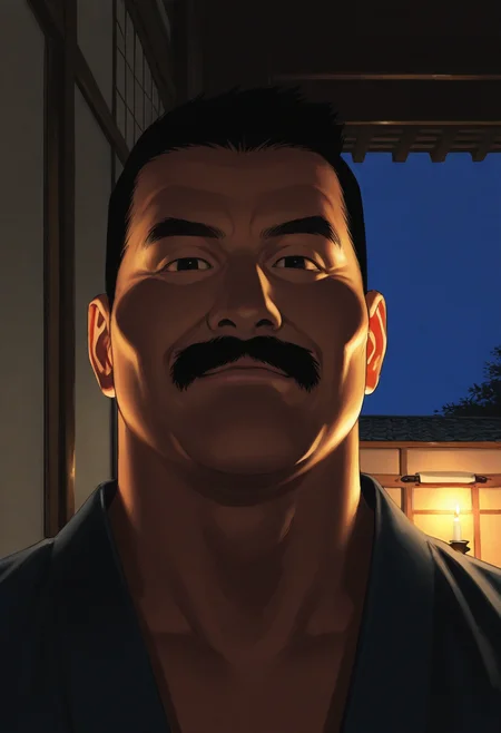 1boy, portrait, photorealistic, blue sky, looking at viewer, plump, oil painting \(medium\), facing viewer, light smile, 
BREAK
<lora:Police_commissioner_from_Hairy_Oracle_by_Gengoroh_Tagame_v0.1:1>
keijisan, mature male, thick eyebrows, thick mustache, black eyes, black hair, short hair,
indoors, japanese clothes, east asian architecture, shadow, dark, high contrast, night, candlelight,
BREAK
best quality, masterpiece, very aesthetic, absurdres, highest detailed,