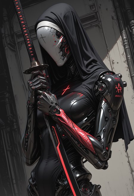 masterpiece,best quality,amazing quality,32k,ultra detailed, 1girl, cybrorg, humanoid, covered face with cyborg mask, long katana in hands, futuristic design, skinny, anthropomorphic creature from steel and chrome, carbon armor as clothes, composite armor, armor joints glow neon red, battle stance, nun style, holy cyborg, close up, dutch angle, one katana forward, sinozick_illu, arsmjstyle, <lora:Sinozick_style:0.65> <lora:HyperdetailedColoredPencilIl:0.25> <lora:illustriousXL_stabilizer_v1.23:0.35>, <lora:- iLL - the_edgy_mech_V2.0-:0.5>