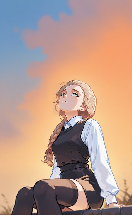 blue hour shot of concept art masterpiece, ultra-HD, impressionism (1.5), high detail, depth of field,
 katyastik, 1girl, solo, long hair, braid, blonde hair, jewelry, earrings, single braid, green eyes, single braid, stud earrings,  hair red bow,
shirt,  white shirt, long sleeves, hair bow, stud earrings, vest, collared shirt, black vest, short  skirt,
 black thighhighs, sitting, sad, expressionless, sky, evening, orange sky, looking up, depth of field, masterpiece, best quality, newest, very awa
 <lora:NOOB_vp1_detailer_by_volnovik_v1:1.4> <lora:DarkerThanBlackIllustrious:1> <lora:katyastik00001:1> . digital artwork, illustrative, painterly, matte painting, highly detailed. Cool light, twilight, peaceful, moody