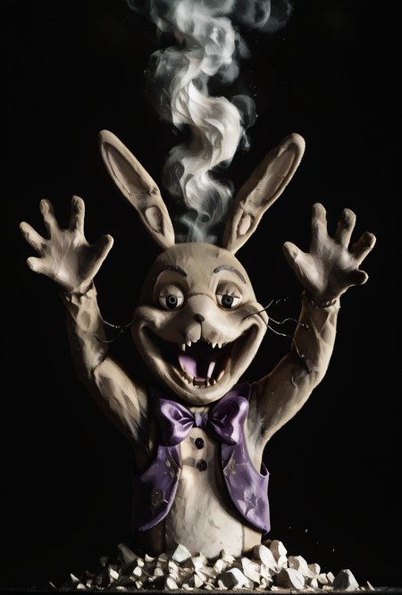 <lora:glitchtrap-04:1> glitchtrap, smile, purple bowtie, purple vest, , furry, 1boy, rabbit ears,  <lora:Ash_Baby__Meme_Concept__IllustriousXL_and_NoobAI:1> ashbaby, black eyes, open mouth, looking at viewer, hands up, arms up, black background, dark background, upper body, rock, smoke, , white skin, colored skin, masterpiece, best quality, amazing quality, very aesthetic, absurdres, newest,