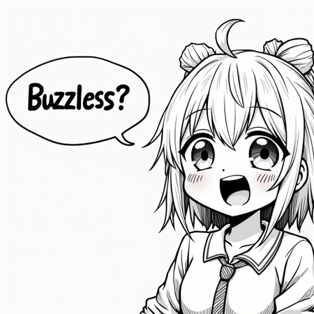 anime manga style girl, black and white, laughing, happy, close up, speech bubble say "Buzzless?"