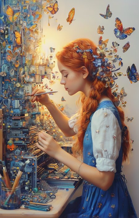 masterpiece,best quality,<lora:tbh237-sdxl:0.8>,illustration,style of  Johanna Basford tech genius teenage girl