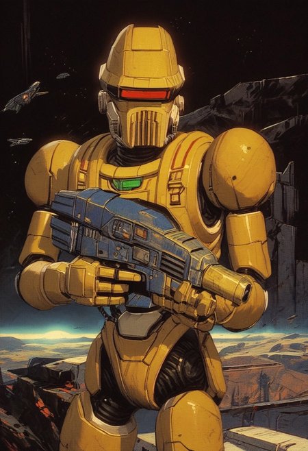 score_9, score_8, score_7, score_6, 1boy, solo, knva, retro artstyle, science fiction, Rob64, spaceship, dynamic pose, robot (((gun, sci-fi gun)))