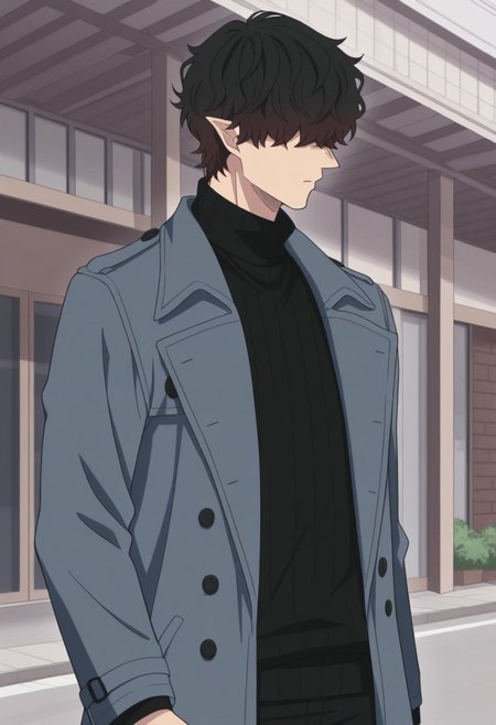 masterpiece,best quality,amazing quality, source_anime, 
Warumonosan, 1boy, male focus, solo, pointy ears, hair over eyes, brown hair, sweater, black sweater, turtleneck, coat, grey coat, open coat,
outdoor,