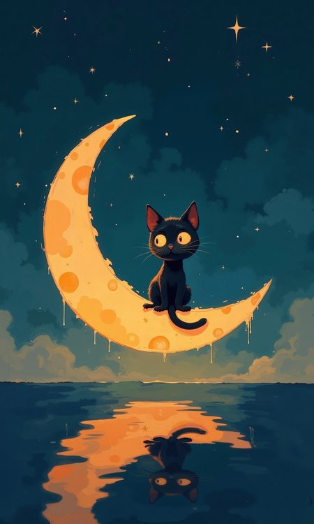 Full shot of a digital painting. 
A crescent moon, stylized like a slice of cheese with light orange-yellow tones, dominates the middle ground. 
A small, black cat with large, round, expressive eyes is sitting on the moon. The cat's posture is relaxed, and its fur is smooth.
The background is a deep, twilight-blue night sky, dotted with many small, white and light-yellow stars and small, trailing light streaks.
A body of still water, rendered in shades of blue, gray, and reflecting the light from the moon, sits below the moon.  The reflection of the cat and the moon is clearly visible on the water's surface.
The overall style of the painting is whimsical and cute, with a focus on soft color palettes and simple, stylized shapes. The visual elements combine to create a peaceful and dreamy atmosphere.
<lora:FLUX-daubrez-DB4RZ-v2:1> DB4RZ, DB4RZ style painting