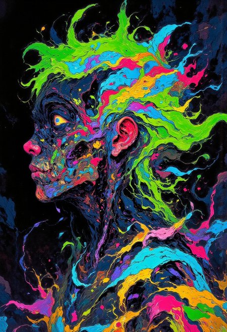 pscho_4rt,mythp0rt, A vibrant digital illustration shoot from a profile camera angle about a stylized portrait of a woman with colorful, swirling hair, set against a dark, starry background. the image also shows a cosmic theme and vibrant colors. on the middle of the image, a young woman who appears to be in her early twenties, with light skin and curly, multicolored hair, is facing the viewer with her eyes looking to the side. she has a serene expression and is wearing a futuristic, metallic outfit with earrings. her hair is wavy and colorful, with streaks of light emanating from it, creating a sense of energy and vibrancy. the woman's eyes are large and expressive, with a mix of blue and green hues. her body is slim, and she is wearing the outfit with a high collar.  1girl, solo, long hair, looking at viewer, closed mouth, jewelry, yellow eyes, earrings, green hair, colored skin, profile, glowing, science fiction, portrait, glowing eyes  camera_angle: profile, art_style: digital illustration, location: space, background: dark with stars, text: NA, distance_to_camera: upper body, clothing: futuristic outfit, image_composition: middle, pants: NA;NA, accessory: earrings;earrings, shoes: none, action: facing viewer;facing viewer, eye_direction: looking to side, facial_expression: serene;colorful, gender: 1woman, hair_color: green and blue;color: rainbow;blue, hair style: curly;curly, race: light skin;light skin, body: slim