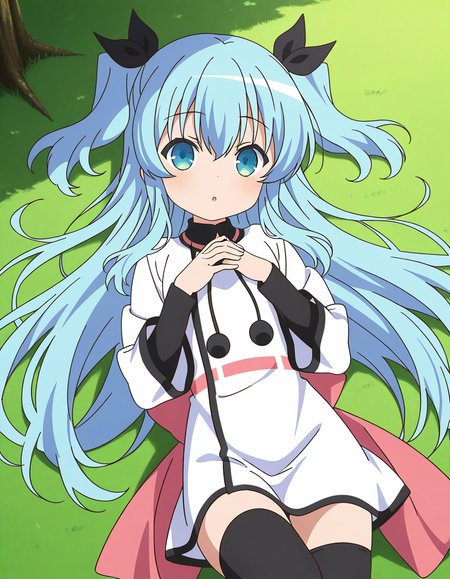 general,highres, ultra-detailed,very aesthetic,best quality ,best hands,  BREAK,  <lora:Noel_IS:1>  Noel, 1girl,solo, long hair, blue hair, two side up, blue eyes, hair ribbon, black ribbon,bangs, 2020s (style), anime coloring,
 thighhighs, dress, white dress, black thighhighs, lying, on back, long sleeves, looking at viewer, 
very long hair, own hands together, hair between eyes, black ribbon, parted lips, :o,
sky, grass,