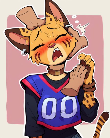score_9_up, score_8_up, score_7_up, score_6_up, by remanedur, half-length portrait, medium breasts, brown choker, serval, eyes closed, ears down, female, blush, looking pleasured, tail, jersey, ear piercing, brown bracelet, bracelet, collar, denim bottomwear, denim jeans, ripped jeans, brown ears, brown spots, facial markings, topwear, tail, solo, open mouth, sigh, moan, petting, petting head, head pat, disembodied hands,  three-quarter view, head tilt, simple background, white outline,  <lora:Leah_Pines(AIM)_XL_v1:0.15> <lora:PDXL_artist_tags_v2_big:0.5> <lora:The-Minuscule-Task_PDXL_v1.0:0.6>  <lora:Pepper_Paminta_Ruffu:0.65>