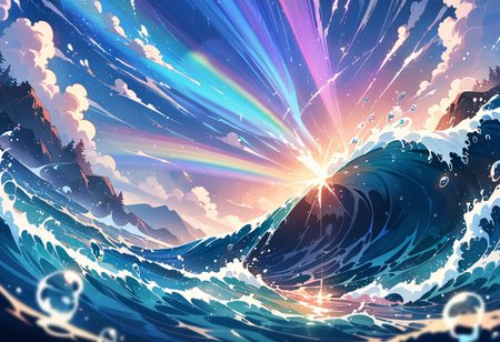 masterpiece, best quality, high quality, intricate, absurdres, very aesthetic, 
no humans, landscape, outdoors, 
ocean, intricate aquatic background, waves, raging ocean, storm, bubbles, water droplets, rain, rainbow, fish, water magic, sparking water,
ultra wide angle shot, cinematic style, highly detailed, extremely detailed, sharp detail, majestic, shallow depth of field, movie still, soft light, circular polarizer, colorful, wallpaper, professional illustration, anime