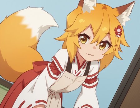 score_9, score_8_up, score_7_up, source_anime,
kitsunesenko, <lora:kitsune-senko-s1-ponyxl-lora-nochekaiser:1>,
senko, bangs, blonde hair, hair ornament, animal ears, hair between eyes, yellow eyes, flower, hair flower, animal ear fluff, fox ears, red flower, fox girl,
long sleeves, tail, japanese clothes, wide sleeves, kimono, apron, ribbon trim, hakama, hakama skirt, ribbon-trimmed sleeves, white kimono, miko, brown apron,
indoors, bent over, smile,
solo, dutch angle, looking at viewer, cowboy shot,