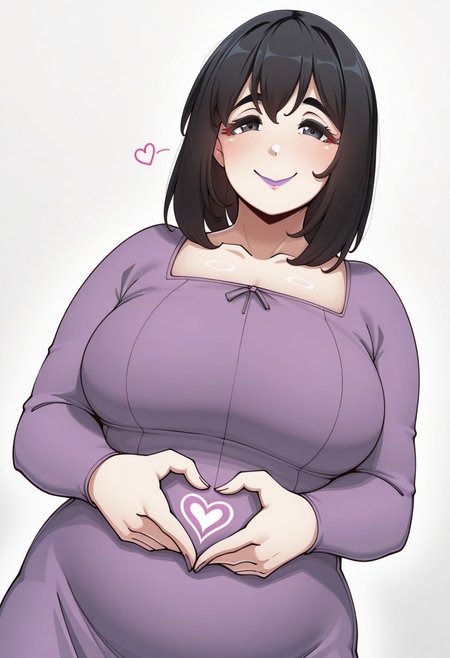 , 1girl, solo, medium build, medium hair, sfw, safe for work, covered skin, flowy dress,  black eyes, purple lipgloss, smiling, portrait, upper body, heart hands, mature female, foreshortening, detailed, newest, shiny skin, cowboy angle, solo focus, medium breasts, mature female, thick, plump, komoshige
