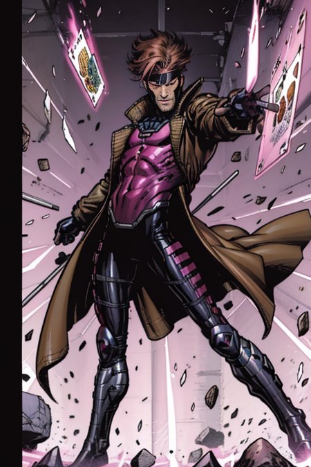 <lora:Remy_Lebeau:1> gambit, black gloves,  gambit, gloves, rugged handsome, grin,   open coat, pink glowing eyes, playing card, remy lebeau, science fiction, simple background, weapon, white background,  <lora:Blame!:1> blam