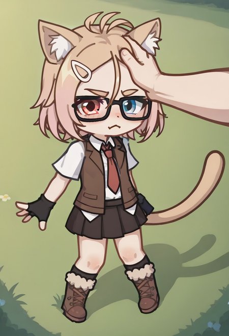 score_9, score_8_up, score_7_up, score_6_up,  from above, closed eyes, pout, blush, headpat, feminine hand, arms at sides, field, MILCJT3, MILCJT3Gacha, Gacha, girl, heterochromia, cat ears, skirt, hair ornament, glasses, pink hair, beige hair, blue eyes, pink eyes, tail, fingerless gloves, gloves, brown open jacket, tie, fur boots, brown skirt