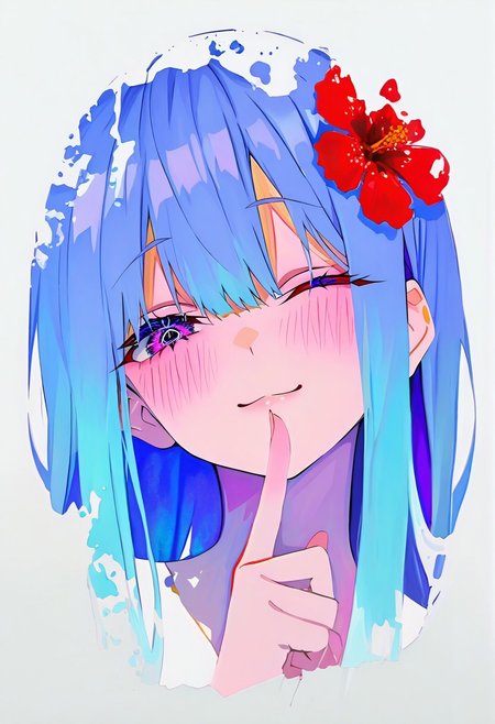 masterpiece,best quality,absurdres, amazing quality, hi res, masterpiece, best quality, detailed, amazing quality, detailed face, detailed eyes, clean eyes, best quality, highres, very aesthetic, newest, ultra-detailed, illustration, (best quality:1.1),ultra-detailed, high resolution, super detailed skin, beautiful detailed eyes, nsfw, Brightly Lit, Highly Visible, 8k, sharp focus, beautiful, perfect lighting, beautiful eyes, anatomically correct, anatomically correct face, extremely detailed eyes, smooth edges, beautiful face, symmetrical eyes, symmetrical face, BREAK 748cmstyle, newest, (colorful:0.5), (lineart:0.8), (silhouette:0.4), StainedArt_IL, sketch, paint splatter, Spill Art, coffee spill art, 1girl, one eye closed, smile, hair flower, blue hair, hair ornament, blush, long hair, looking at viewer, bangs, purple eyes, index finger raised, portrait, red flower, paint splatter, white background, upper body