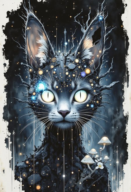 masterpiece, best quality, A hyper-realistic of picture a It is a striking rabbit's facial structure melded with the anatomical features of a pufferfish, rendered in breathtaking hyperrealism. The creature`s face retains the quintessential feline charm, captures the quiet magic of nature's resilience and the promise of spring, highly detailed, beautiful, vibrant, masterpiece, 32k, ultra HD, ultra-detailed, amazing quality, amazing artist, sharp edges, detailed textures, full view, atmospheric lighting, amazing visuals, mushrooms 
A whimsical illustration of a lanky cat with a disproportionately huge polygonal head in pure black and white, balanced impossibly on a geometric shattered fragment of moon, digital painting with high contrast brushwork showing angular whiskers and prismatic fur patterns, misty night sky background with mathematical star patterns forming constellations, characteristic Tim Burton inspired design with massive white eyes that seem to glow against the black polygonal face, creating a striking monochromatic dreamscape where shadows and highlights tell the story without any need for color