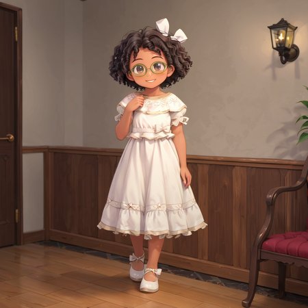 indoors, <lora:Young_Mirabel_Madrigal_Encanto:1> ymirabel, 1girl, solo, dark skin, white dress, brown curly hair, white hair bow, green-framed eyewear, brown eyes, smile, white footwear