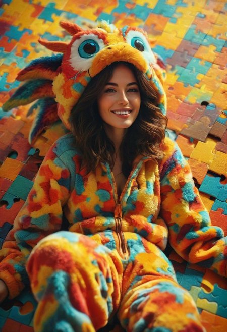 Blade Runner, a Slender Natural blushed freckled smiling Woman in dragon costume, in fluffy Fleece Bodysuit, Cleavage, hyper detailed, dark limited Natural palette, Laying on giant Jigsaw puzzle that Shows=("an artwork that merges Luca Martini's abstract vibrancy, centered around a perfectly harmonious sun dawn") in cozy lighting, from above, (intricate details, masterpiece),
atmospheric haze, Film grain, cinematic film still, shallow depth of field, highly detailed, high budget, cinemascope, moody, epic, OverallDetail, gorgeous, 2000s vintage RAW photo, photorealistic, candid camera, color graded cinematic, eye catchlights, atmospheric lighting, skin pores, imperfections, natural, shallow dof