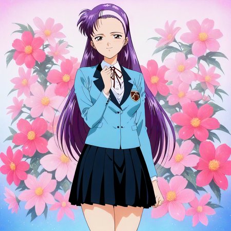 <lora:ZSBGP0_saionji_reikoXLanimagine002>,
masterpiece,high score,great score,absurdres,
flower background,glitter,
smile,
looking at viewer,
solo,
anime coloring,1990s \(style\),
saionji_reiko\(zenkoku_seifuku_bishoujo_grand_prix\),1girl,purple hair,long hair,hairband,forehead,brown eyes,
blue blazer,neck ribbon,
black skirt,pleated_skirt,
cowboy shot,
standing,