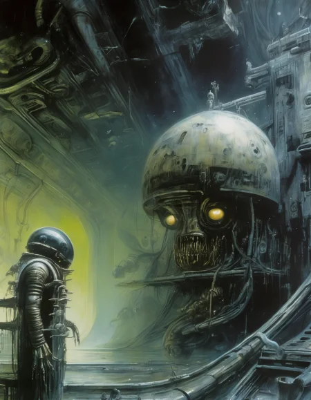 "Close-up, front-facing view of a scavenger, his face reflecting horror, within the chilling confines of a derelict space station. Sharp contrasts, lavishly intricate, drawing from H.R. Giger", surrealism, weird and pissed off, oil on canvas, dry brush, <lora:John Berkey Style:0.9>, John Berkey Style