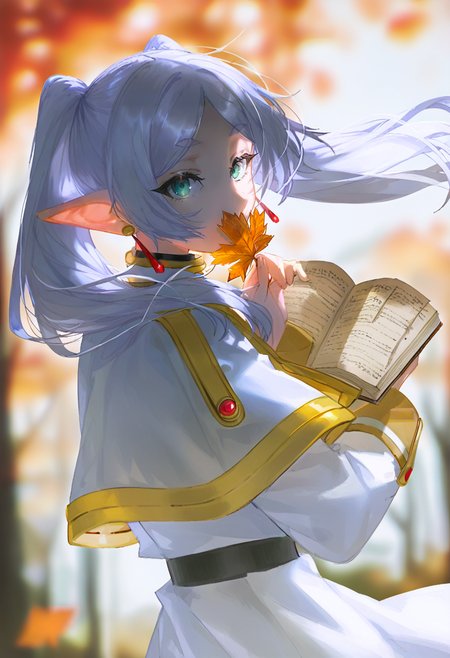 frieren, 1girl, twintails, pointy ears, solo, holding, jewelry, green eyes, earrings, book, long hair, capelet, blurry, elf, looking at viewer, leaf, holding leaf, blurry background, open book, white capelet, long sleeves, autumn leaves, holding book, dress, looking back, white dress, from side, bangs, falling leaves, depth of field, outdoors, belt, grey hair, upper body <lora:quasarcakeXL_NBVP1_lokr_V6311P:0.95>