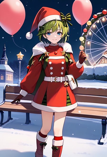 score_9, score_8_up, score_7_up, highres, (best quality:1.1), masterpiece, absurdes, 1girl, solo, long hair, looking at viewer, smile, standing, outdoors, night, bench, balloon, lamppost, ferris wheel,  <lora:nino-fe-richy-v1_pdxl:1> ninoff, blue eyes, green hair, short hair, antenna hair, green hair bow, santa hat, red dress, fur trim, long sleeves, santa costume, white belt, brown gloves, red knee boots, winter, snow, upper body