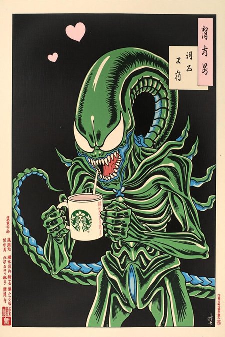 tsukioka1 Japanese woodblock print ukiyo-e. 
xenomorph is grabbing a starbucks mug, black background, vivid, terrifying, growling, scary, dark mood, speech bubble heart, vivid, colorful, acid green background. <lora:schnell_v1.0:1.0> <lora:tsukioka_ukyo-e4_nocap_d8a4:1.0><lora:798027859005376986:0>