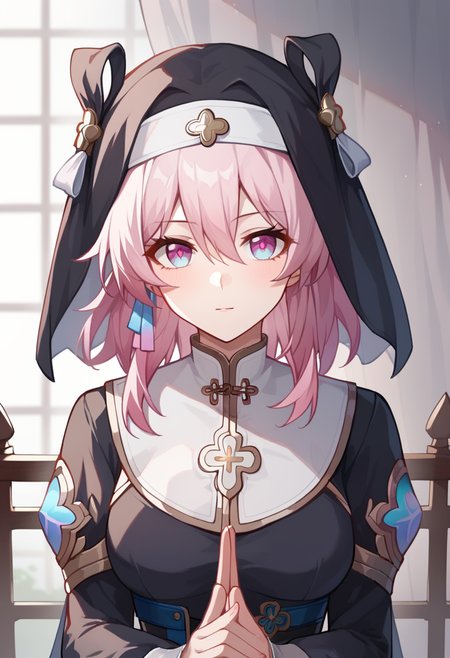 score_9,score_8_up,score_7_up,<lora:march_7th_(hunt))_pony-000020:0.8>,march_7th_(hunt)_(honkai:_star_rail),1girl,solo,pink_hair,blue_eyes,pink_eyes,hair_between_eyes,medium_hair,medium_breasts,hair_ornament,nun,