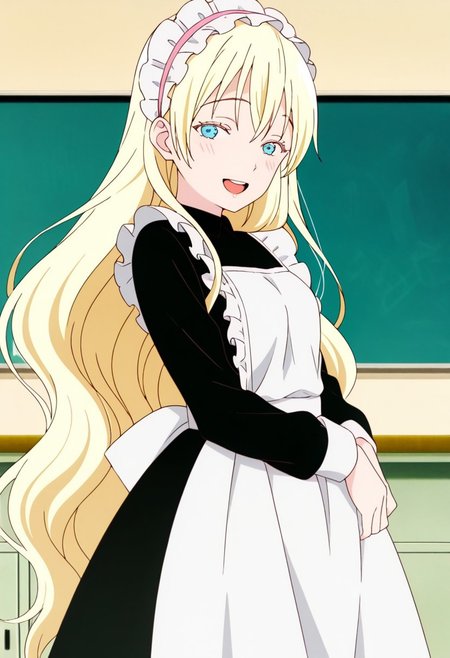 best quality, masterpiece, anime screencap, anime coloring, ultra detailed, source_anime, intricate details, perfect anatomy, 
olivia, 1girl, solo, long hair, blonde hair, very long hair, bangs, blue eyes, bangs, 
apron, long sleeves, maid, black dress, dress, maid apron, white apron, frills, frilled apron, maid headdress, chalkboard, indoors,
small breasts, shiny skin, looking at viewer, shy, smile, teeth, open mouth,