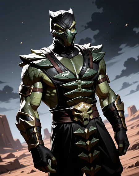 <lora:Reptile_X_(Mortal_Kombat)_(Illustrious)_(AD):1> Reptile_MK, muscular, Mortal Kombat, 
dutch angle, exterior, monumental architecture, wasteland, dark night sky with black clouds, 
male focus, gradient coloring, villain, intimidating, fierce, 
BREAK very awe, aesthetically pleasing, masterpiece, best quality, amazing quality, very aesthetic, perfect depth of field shot, in'ei, source_furry, furry_art, 
Smooth Quality, lazympos, IllustQualXL_Pos,