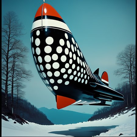 Score_9, score_8_up, score_7_up, score_6_up, BREAK  <lora:Abstract_Retro_Future_MoviePony:1> ArsMovieStill, Movie still from an abstract retro future movie, The image shows a large futuristic-looking rocket ship flying over a snowy landscape. The rocket ship is black with white polka dots all over it and a red nose. It has two fins on either side of the nose and the body of the ship is elongated and pointed. The sky is a deep blue and there are trees in the background. The image has a vintage retro feel to it., no humans, tree, forest, outdoors, nature, border, vehicle focus, sky, aircraft, snow