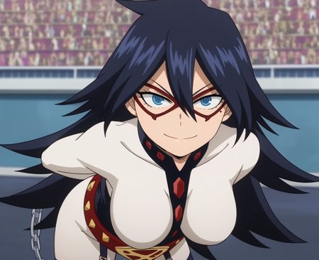score_5_up, score_4_up, 2d, anime screencap, solo focus,  <lora:Midnight_MHA:0.8>, midng1, 1girl, blue eyes, large breasts, black hair, long hair, thighhighs, belt, mole under eye, domino mask,, garter straps, handcuffs, hair between eyes, ringed eyes, bodysuit, looking at viewer, smile, arms behind back, leaning forward,
