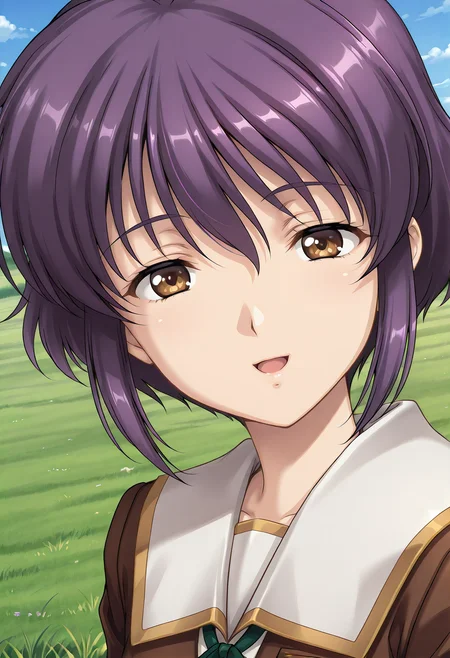 kuon_satoko, brown eyes, purple hair, short hair, school uniform, white sailor collar, brown jacket, long sleeves, <lora:kuon_satoko_illustrious_ver1:0.8>
light smile, open mouth,, 1girl, solo, blue sky, (grasslands:1.2), looking at viewer,, masterpiece, best quality, sensitive,, (upper body:1.2), (close-up:1.2), (facing viewer:1.2), (open eyes:1.4), (portrait:1.2)