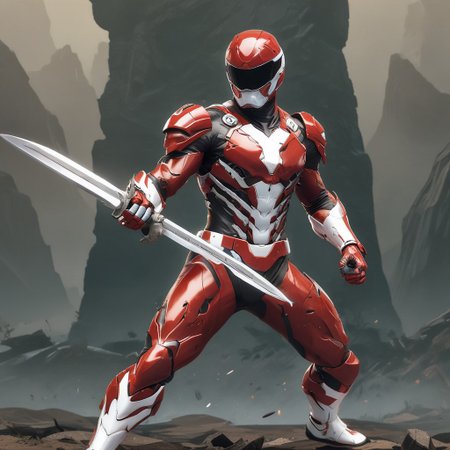 Create an action pose of a red ranger holding a sword, inspired by the styles of Dave Arredondo, Sun Kehong, and other artists such as Makoto Shinkai, Lois van Baarle, and Ilya Kuvshinov. The ranger should be wearing white metallic steel armor with a strong, bespoke shape language. The artwork should feature the ranger practicing sword stances in a scenic park or garden setting, with a mix of water and natural elements in the background. The style should be reminiscent of Borderlands and GTA art, with a dynamic, high-energy feel. The artwork should be in the style of official fanart, with a high level of detail and realism.