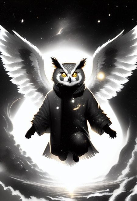 Score_9, Score_8_up, Score_7_up, lora:Navi_Celestial_Skin_PonyXL:1.1 nv-celestialskin, redpandafolk, rabbitfolk, owlfolk, foxfolk, sketch, monochrome, greyscale, YR_GradLight, 0u73r5p4c3, space, planet, nebula, galaxy, asteroid, GalaxyTelepurteSDXL, StarrySkies, scenery, stars (sky), background, night sky, vibrant colored skin, void cosmic body, deep black skin, ethereal silhouette, nebula patterns, animal theme focus, majestic owl