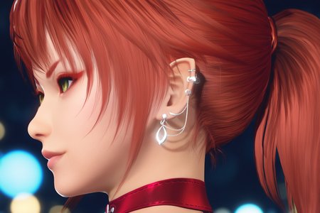 score_9,score_8,score_7_up,ultra detailed,realistic,high_contrast,  kanna \(doa\), 1girl, oni, solo, looking to the side, closed mouth, red hair, v-shaped eyebrows, red eyebrows, green eyes, slit pupils, black eyelashes, red eyeliner, pointy ears, (sliver threader earrings), ponytail, bangs, sidelocks, crimson choker, very close-up, profile, bokeh,city_lights,    <lora:doa_kanna_pdxl_v11:0.9000000000000001>